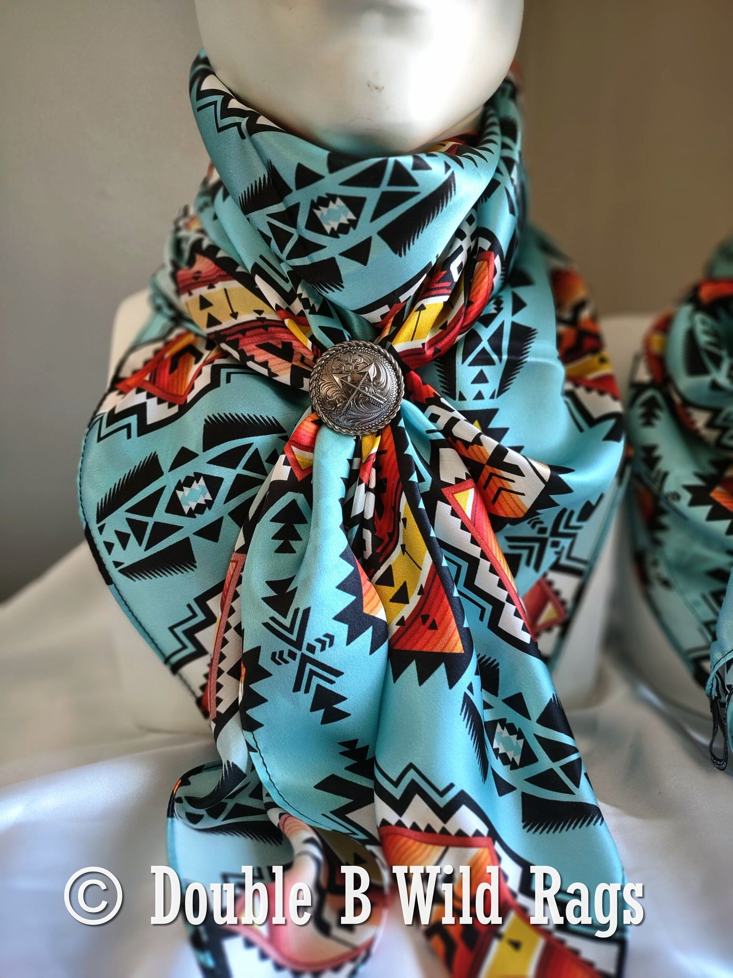 Wild Rag 100% Silk Light Blue with Orange Serape Cowboy Western Neck Scarf Bandanna by Double B Wild Rags