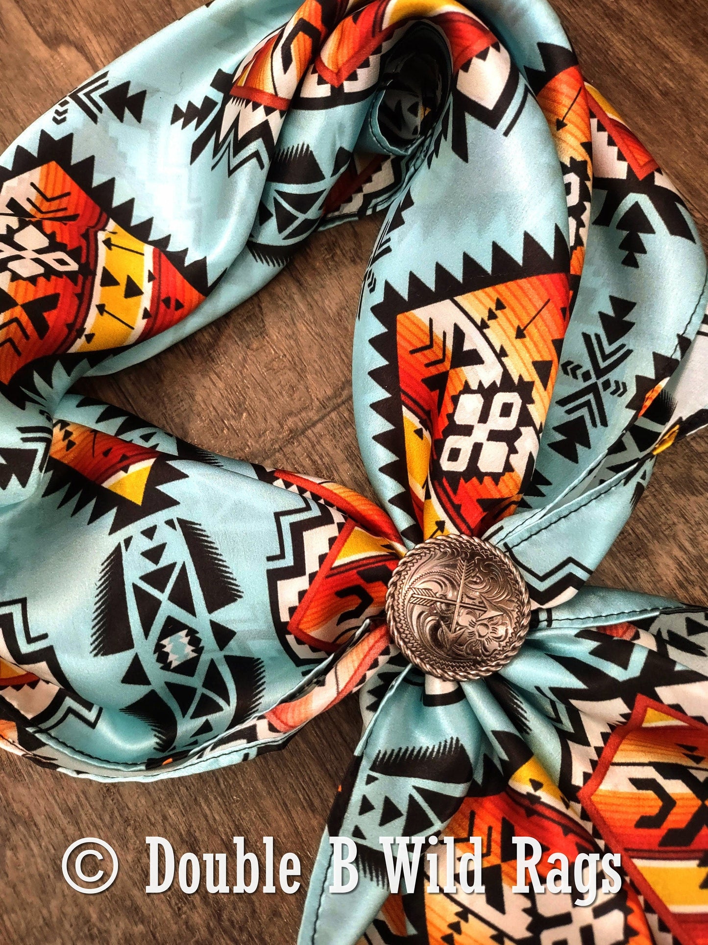 Wild Rag 100% Silk Light Blue with Orange Serape Cowboy Western Neck Scarf Bandanna by Double B Wild Rags