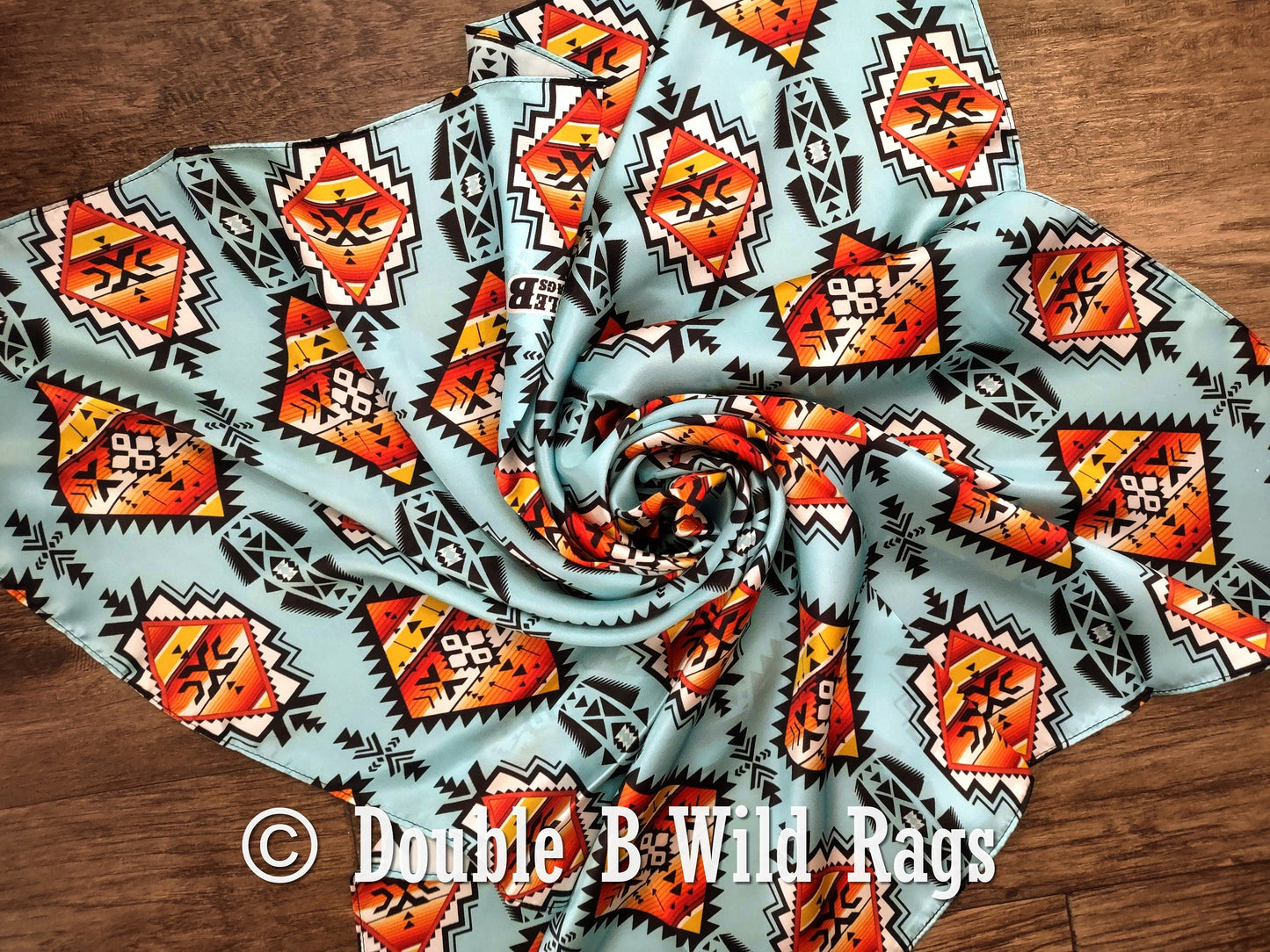 Wild Rag 100% Silk Light Blue with Orange Serape Cowboy Western Neck Scarf Bandanna by Double B Wild Rags
