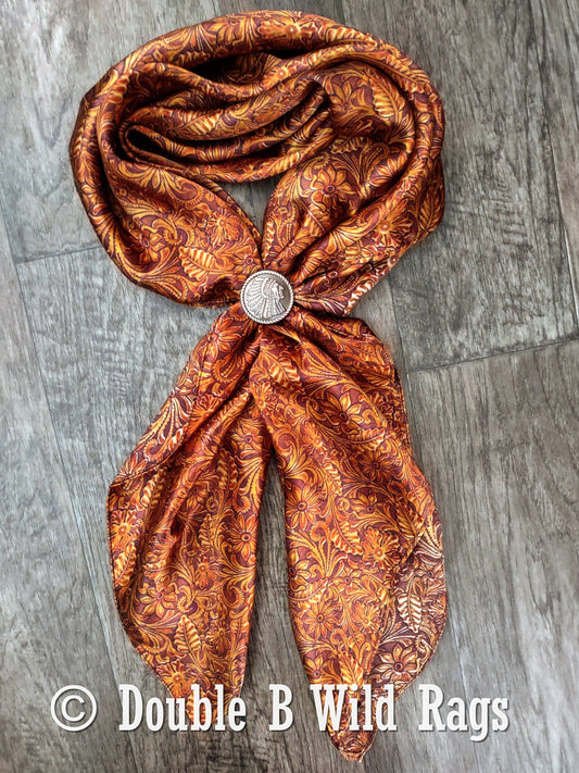 Wild Rag 100% SILK Sorel Orange Rust Tooled Leather Cowboy Western Neck Scarf Bandanna by Double B Wild Rags