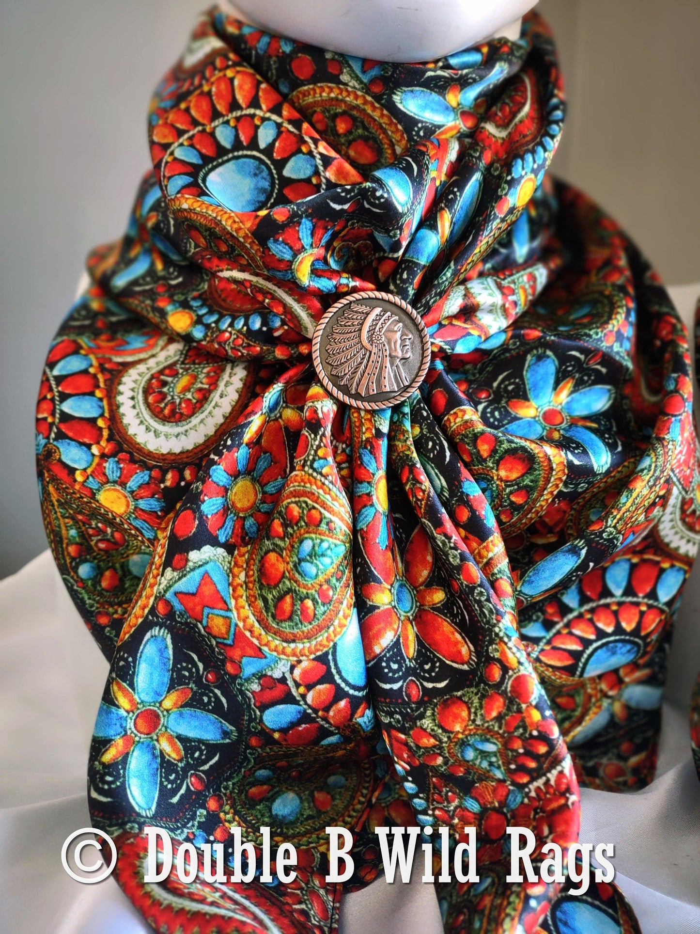 Wild Rag 100% Silk Native Indian Southwest Turquoise and Jewels Cowboy Western Neck Scarf Bandanna by Double B Wild Rags