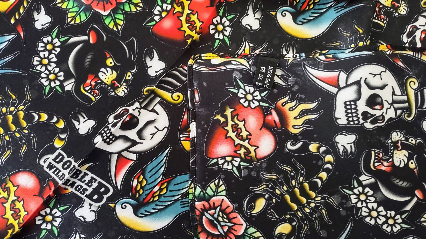 Wild Rag 100% SILK Black with Classic Tattoos Cowboy Western Neck Scarf Bandanna by Double B Wild Rags