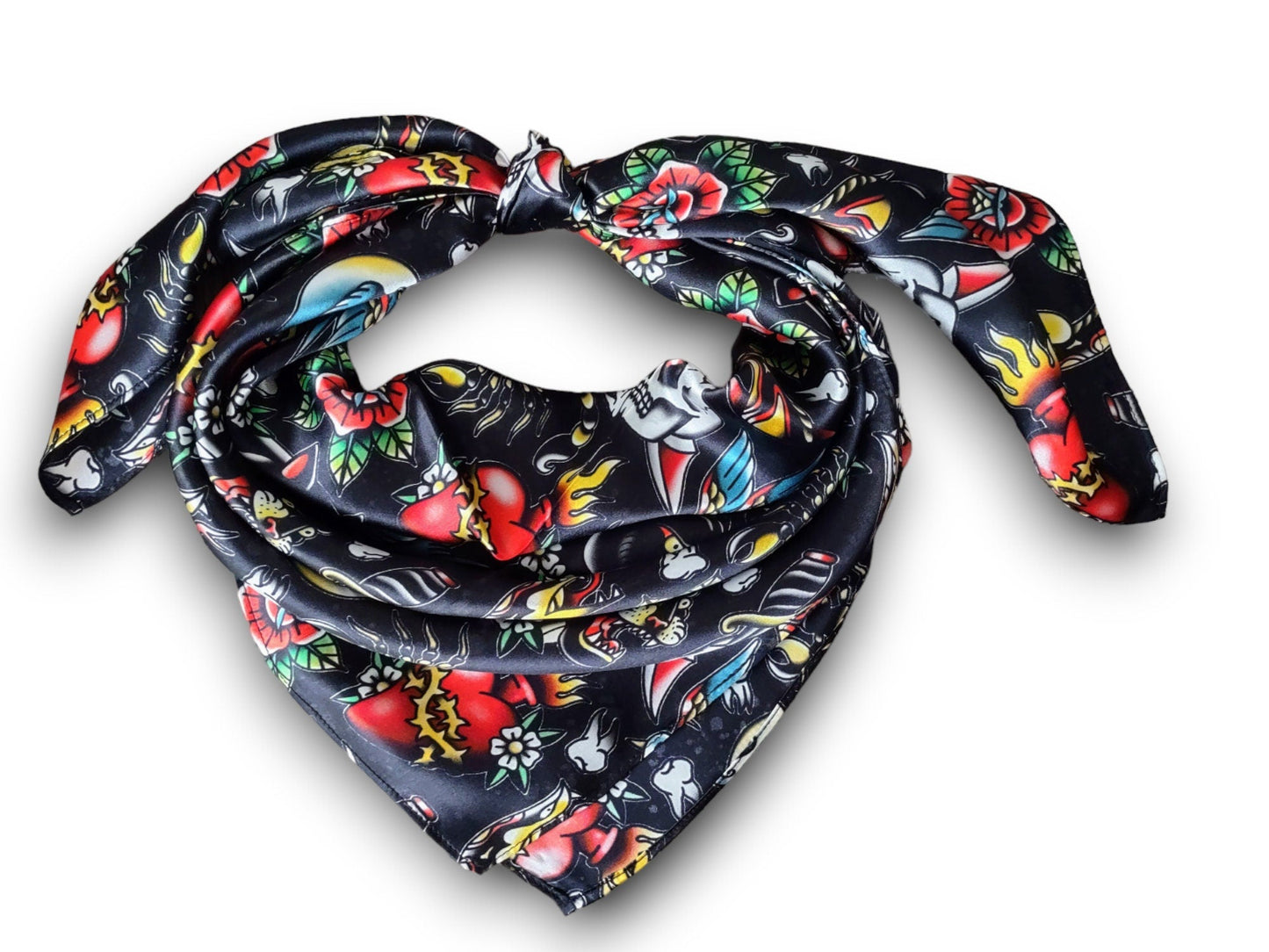 Wild Rag 100% SILK Black with Classic Tattoos Cowboy Western Neck Scarf Bandanna by Double B Wild Rags