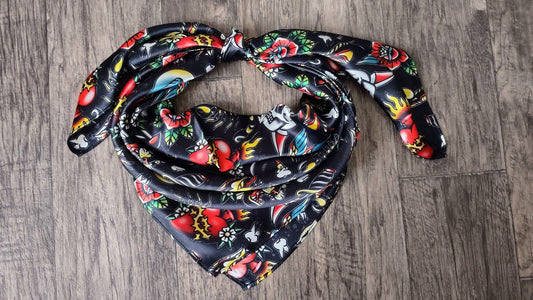 Wild Rag 100% SILK Black with Classic Tattoos Cowboy Western Neck Scarf Bandanna by Double B Wild Rags