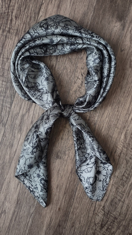 Wild Rag 100% SILK Dark Grey Pin Up Cowgirls and Hollyhock flowers Cowboy Western Neck Scarf Bandanna by Double B Wild Rags