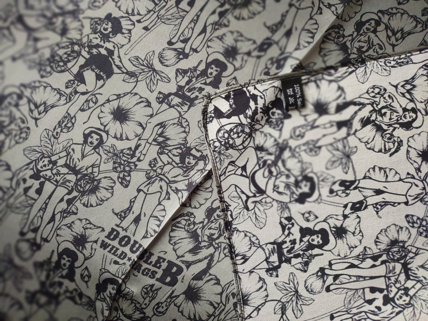 Wild Rag 100% SILK Dark Grey Pin Up Cowgirls and Hollyhock flowers Cowboy Western Neck Scarf Bandanna by Double B Wild Rags