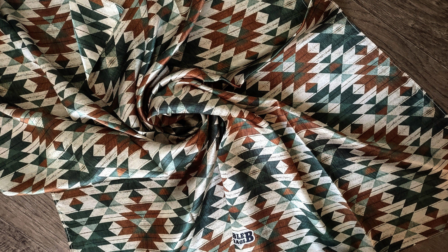 Wild Rag 100% SILK Green and Brown Distressed Aztec Cowboy Western Neck Scarf Bandanna by Double B Wild Rags