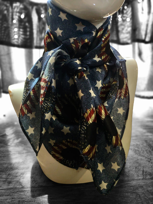 Wild Rag 100% SILK Denim Stars and USA Sunflower Western Neck Scarf Bandanna by Double B Wild Rags