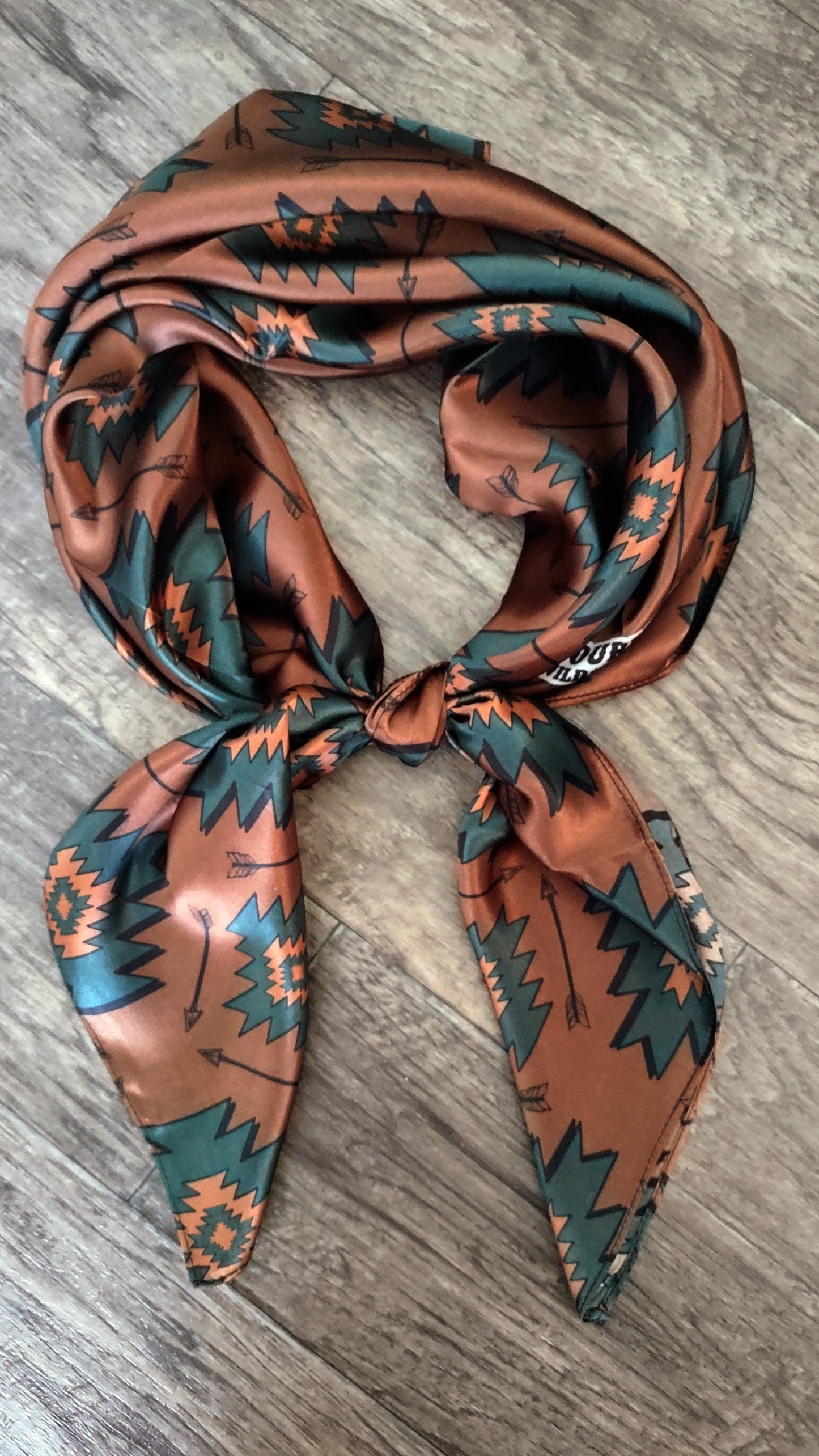Wild Rag 100% SILK Brown and Teal Green Aztec Arrow Western Neck Scarf Bandanna by Double B Wild Rags