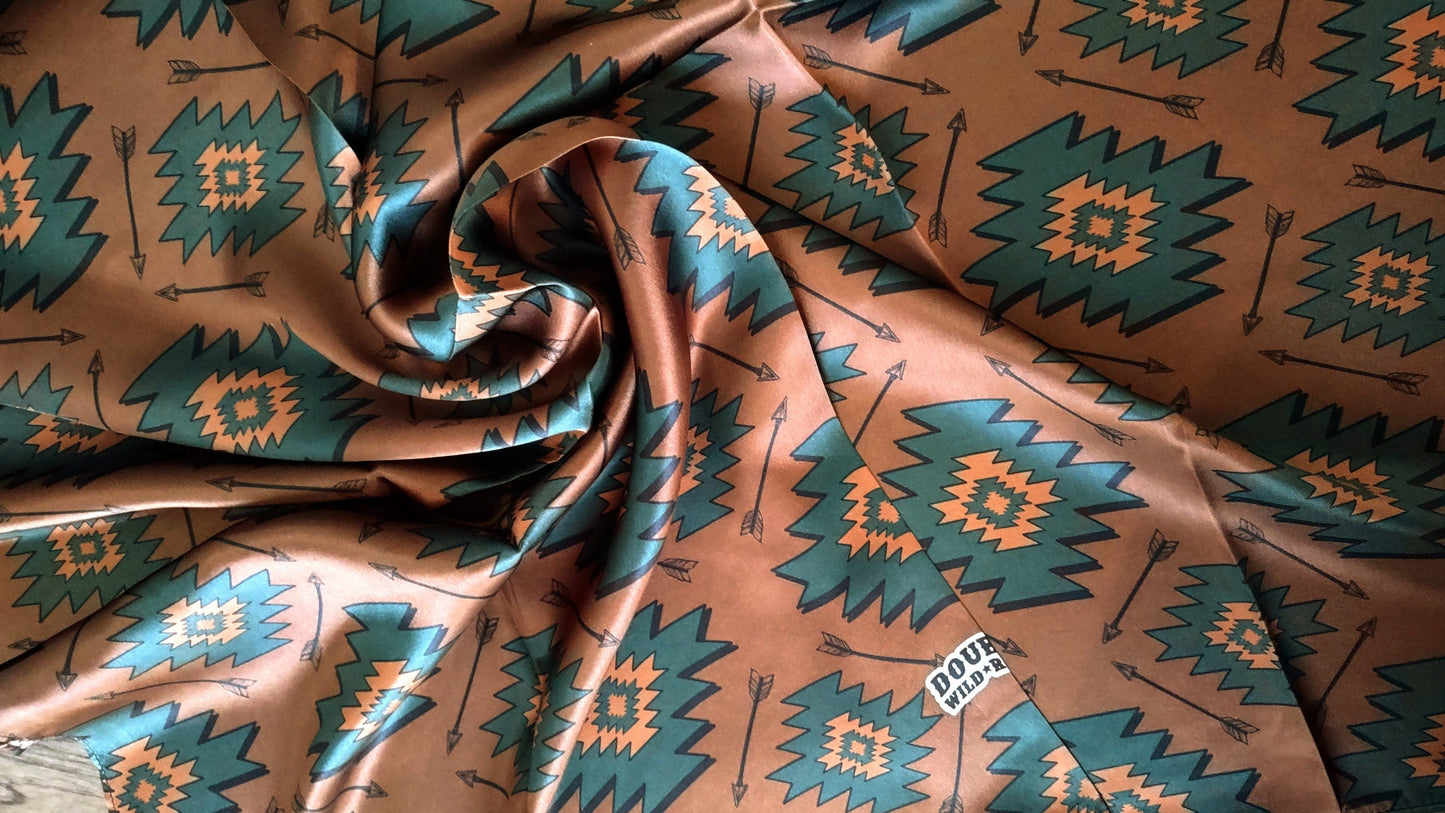 Wild Rag 100% SILK Brown and Teal Green Aztec Arrow Western Neck Scarf Bandanna by Double B Wild Rags