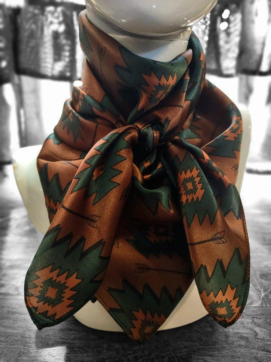 Wild Rag 100% SILK Brown and Teal Green Aztec Arrow Western Neck Scarf Bandanna by Double B Wild Rags