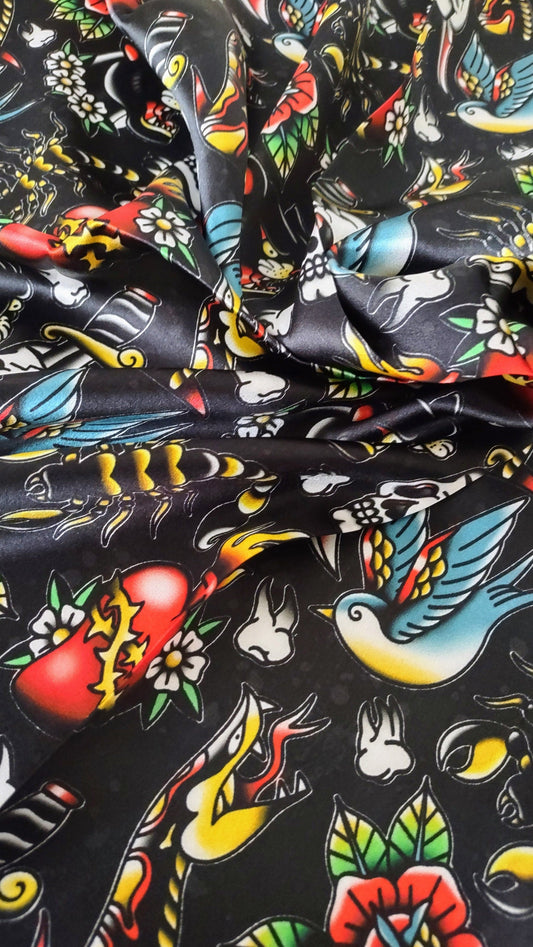 Wild Rag 100% SILK Black with Classic Tattoos Cowboy Western Neck Scarf Bandanna by Double B Wild Rags