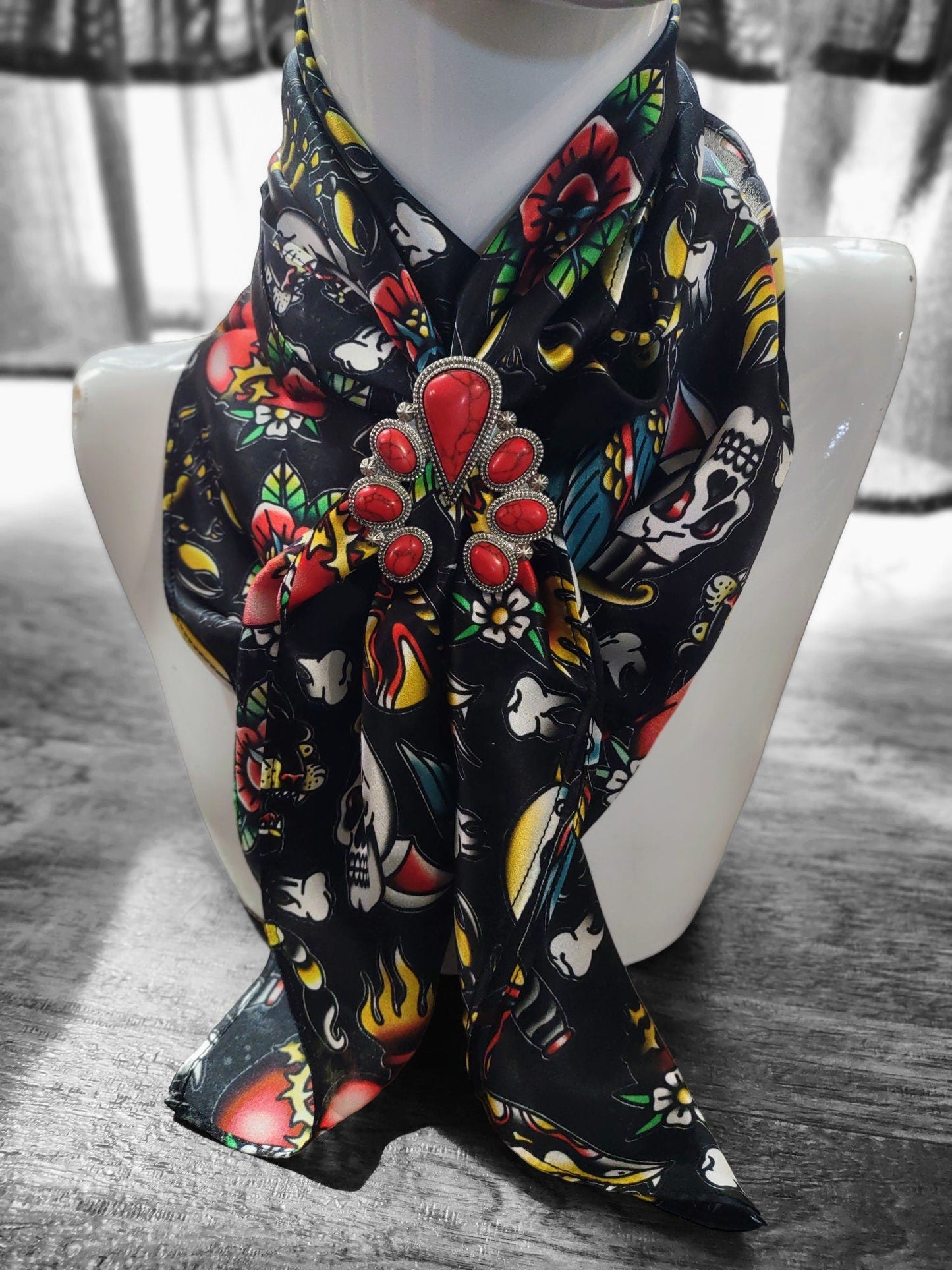 Wild Rag 100% SILK Black with Classic Tattoos Cowboy Western Neck Scarf Bandanna by Double B Wild Rags