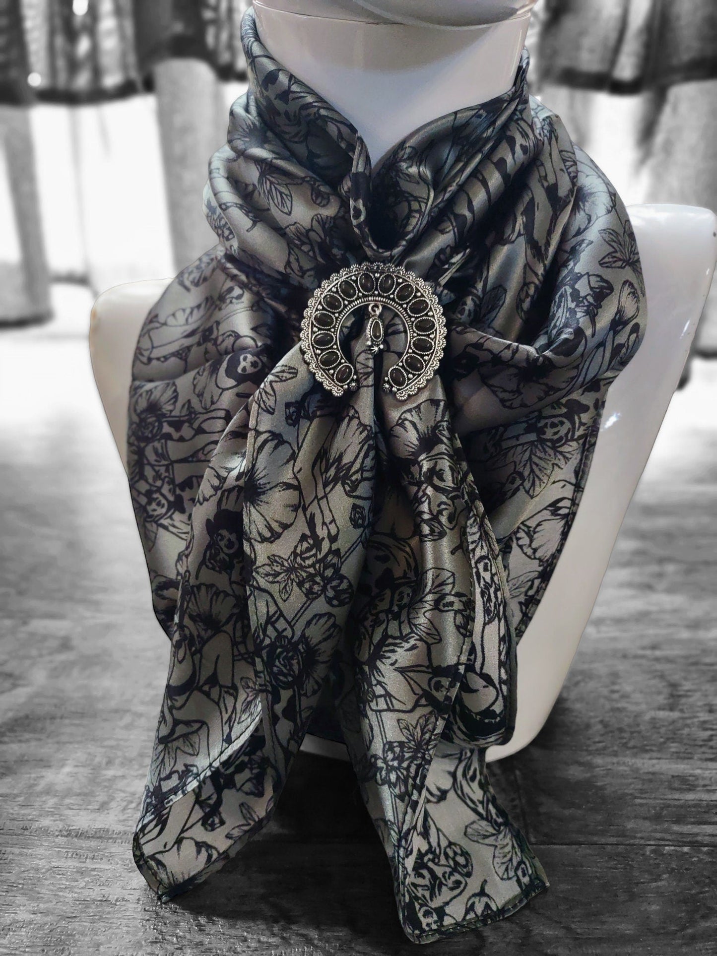 Wild Rag 100% SILK Dark Grey Pin Up Cowgirls and Hollyhock flowers Cowboy Western Neck Scarf Bandanna by Double B Wild Rags