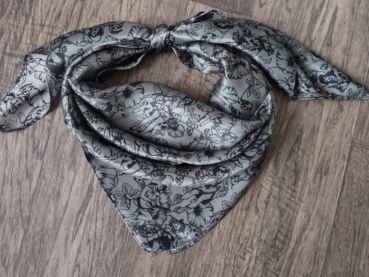 Wild Rag 100% SILK Dark Grey Pin Up Cowgirls and Hollyhock flowers Cowboy Western Neck Scarf Bandanna by Double B Wild Rags