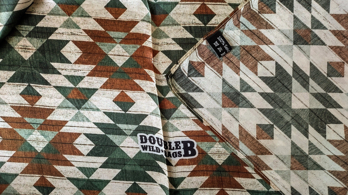 Wild Rag 100% SILK Green and Brown Distressed Aztec Cowboy Western Neck Scarf Bandanna by Double B Wild Rags