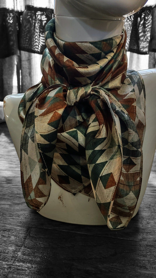Wild Rag 100% SILK Green and Brown Distressed Aztec Cowboy Western Neck Scarf Bandanna by Double B Wild Rags