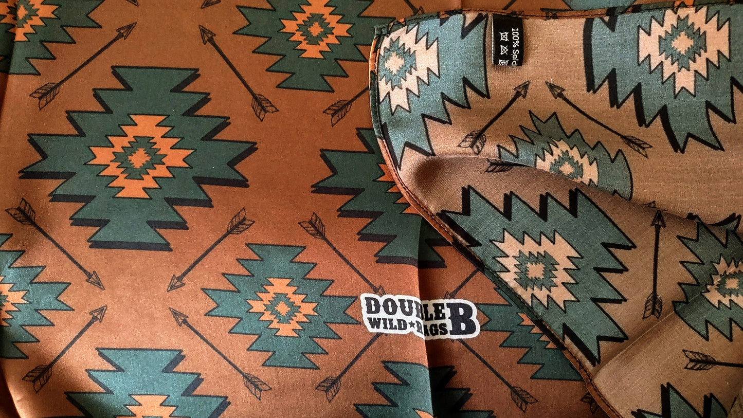 Wild Rag 100% SILK Brown and Teal Green Aztec Arrow Western Neck Scarf Bandanna by Double B Wild Rags
