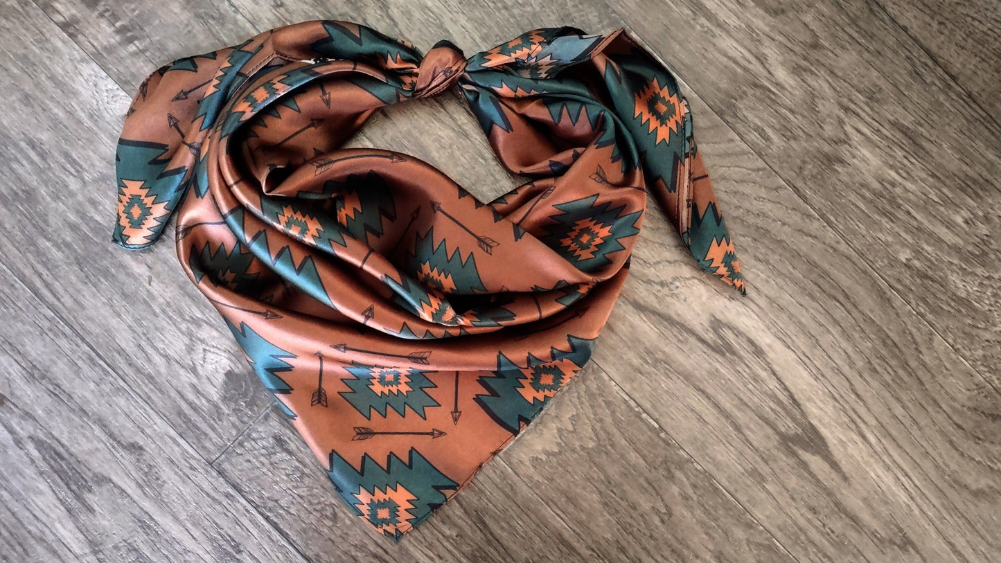 Wild Rag 100% SILK Brown and Teal Green Aztec Arrow Western Neck Scarf Bandanna by Double B Wild Rags