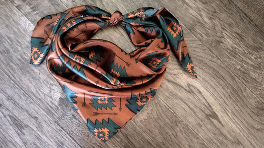 Wild Rag 100% SILK Brown and Teal Green Aztec Arrow Western Neck Scarf Bandanna by Double B Wild Rags