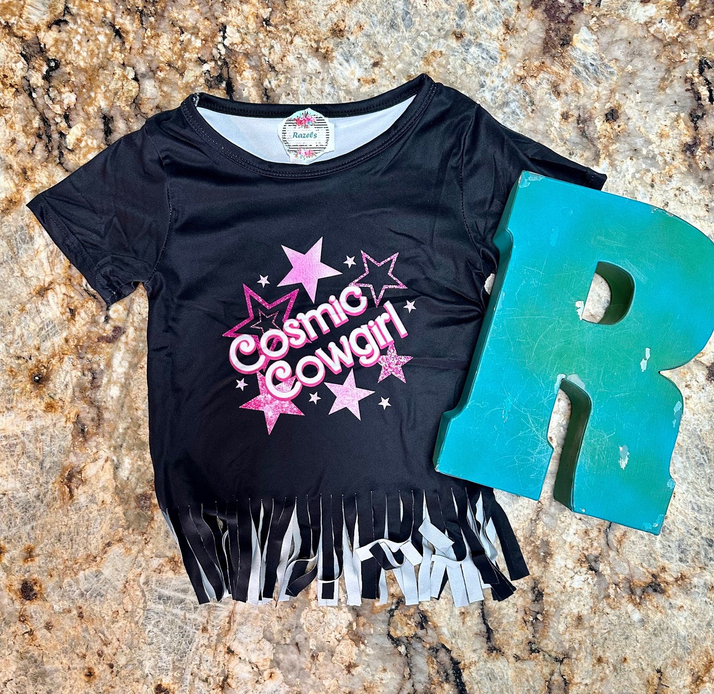 Cosmic Cowgirl Outfit: Pink Star Bell Bottoms, Black Fringe T-Shirt