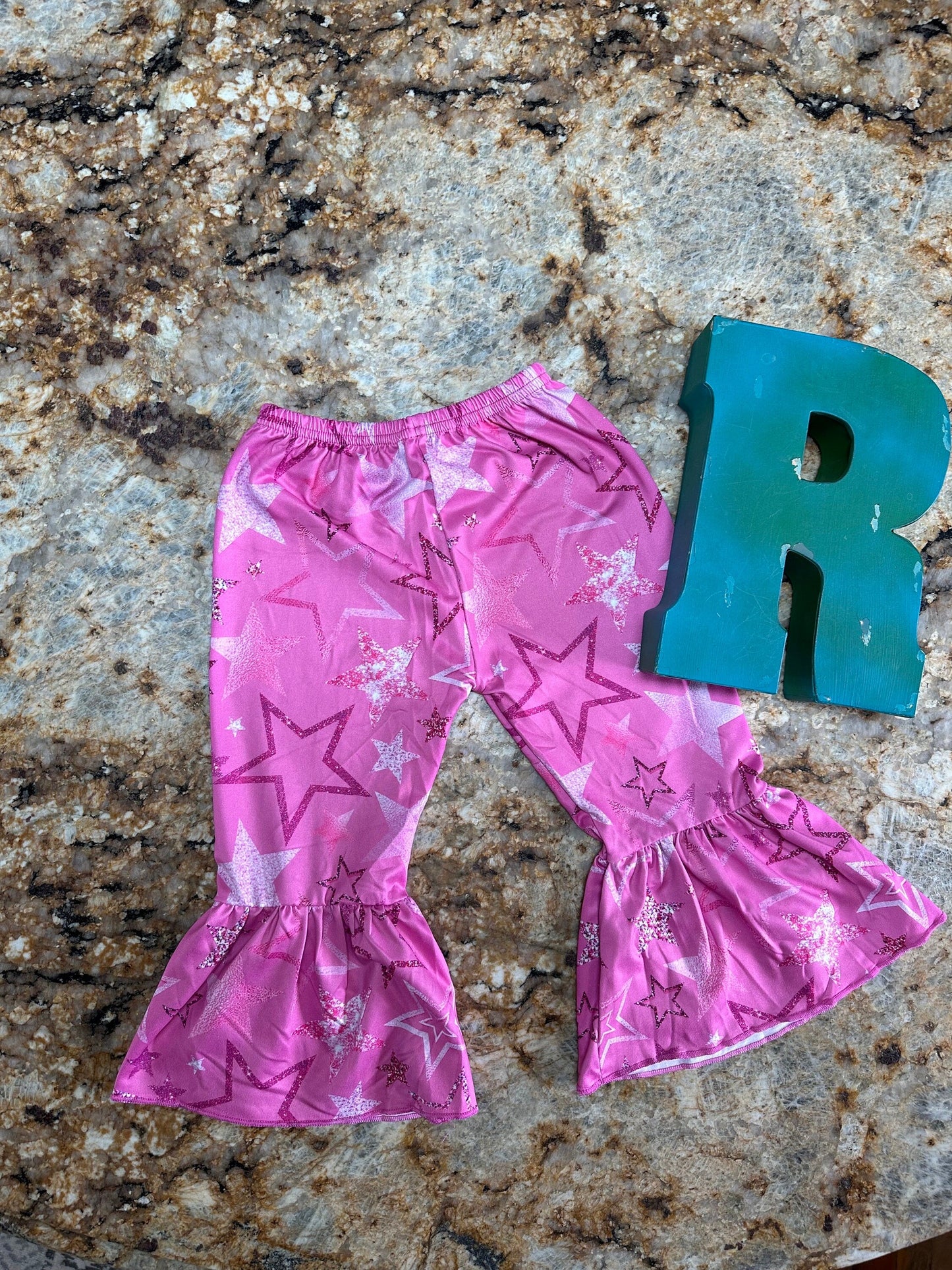 Cosmic Cowgirl Outfit: Pink Star Bell Bottoms, Black Fringe T-Shirt