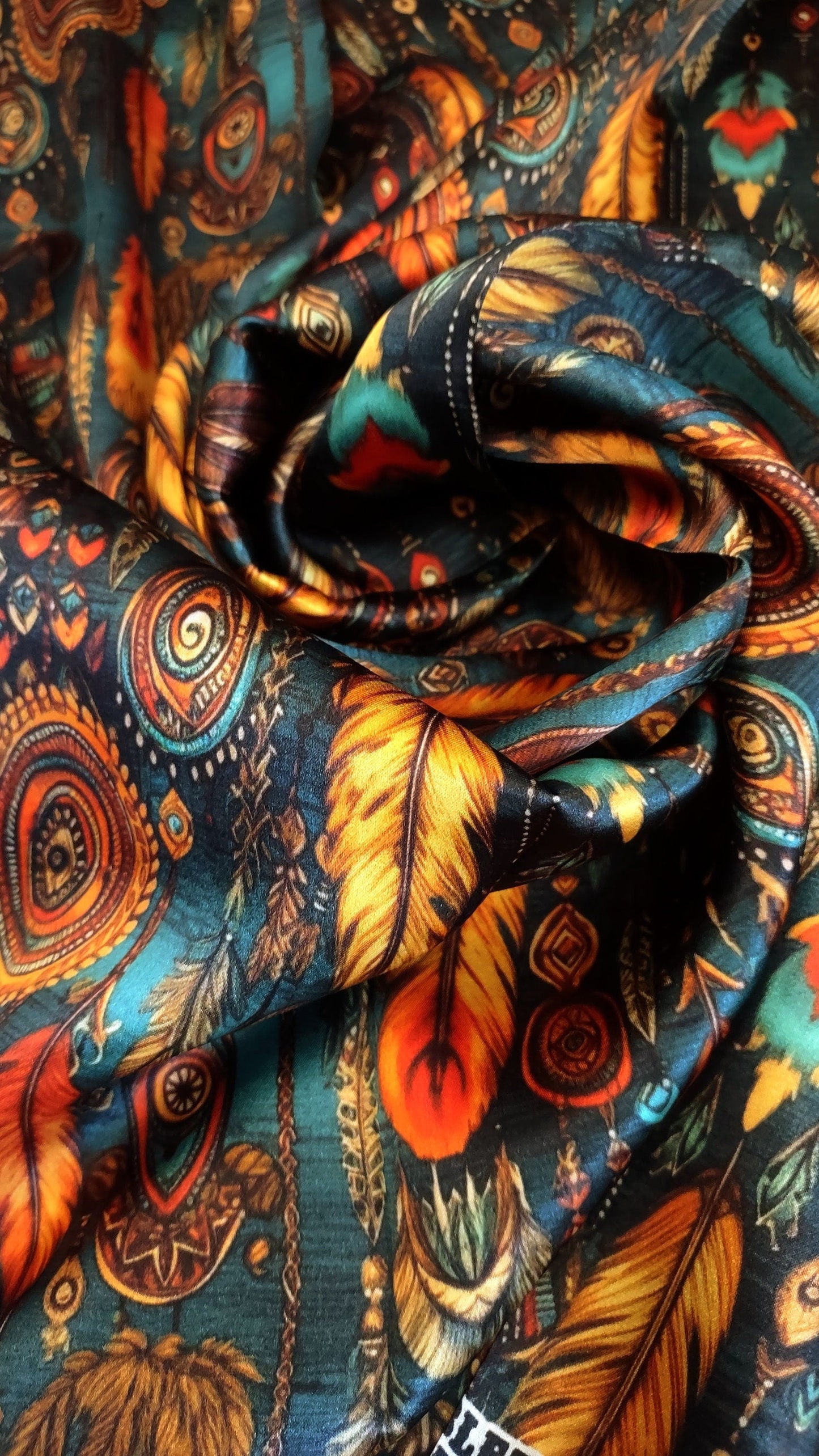 Wild Rag 100% SILK Teal and Orange Native Boho Feathers Neck Scarf Bandanna by Double B Wild Rags