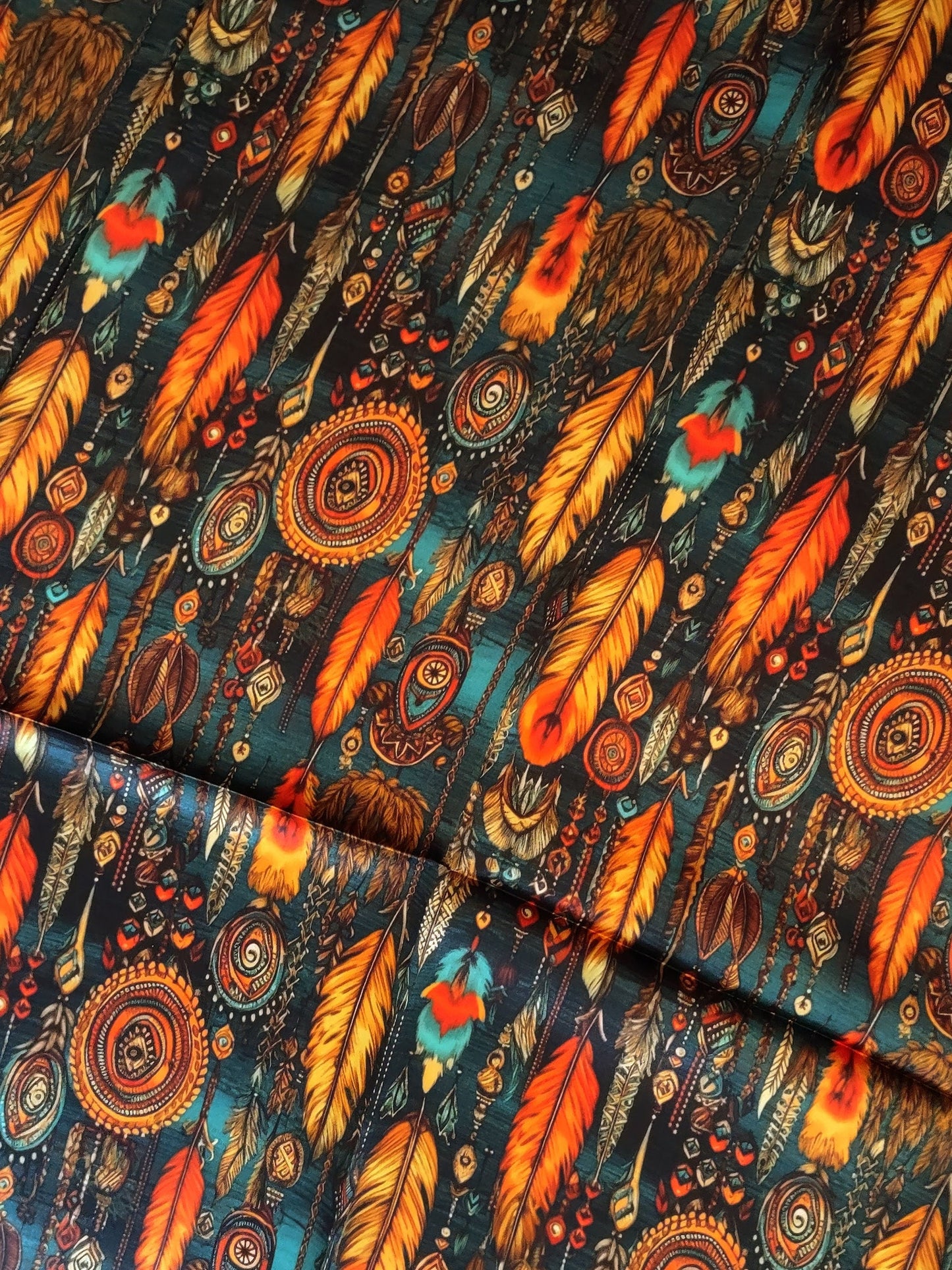 Wild Rag 100% SILK Teal and Orange Native Boho Feathers Neck Scarf Bandanna by Double B Wild Rags