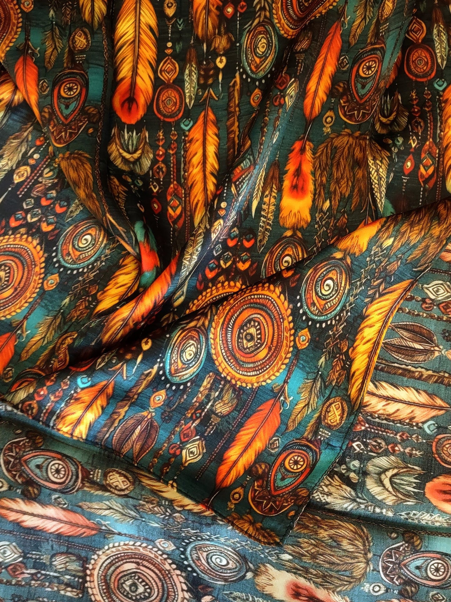 Wild Rag 100% SILK Teal and Orange Native Boho Feathers Neck Scarf Bandanna by Double B Wild Rags