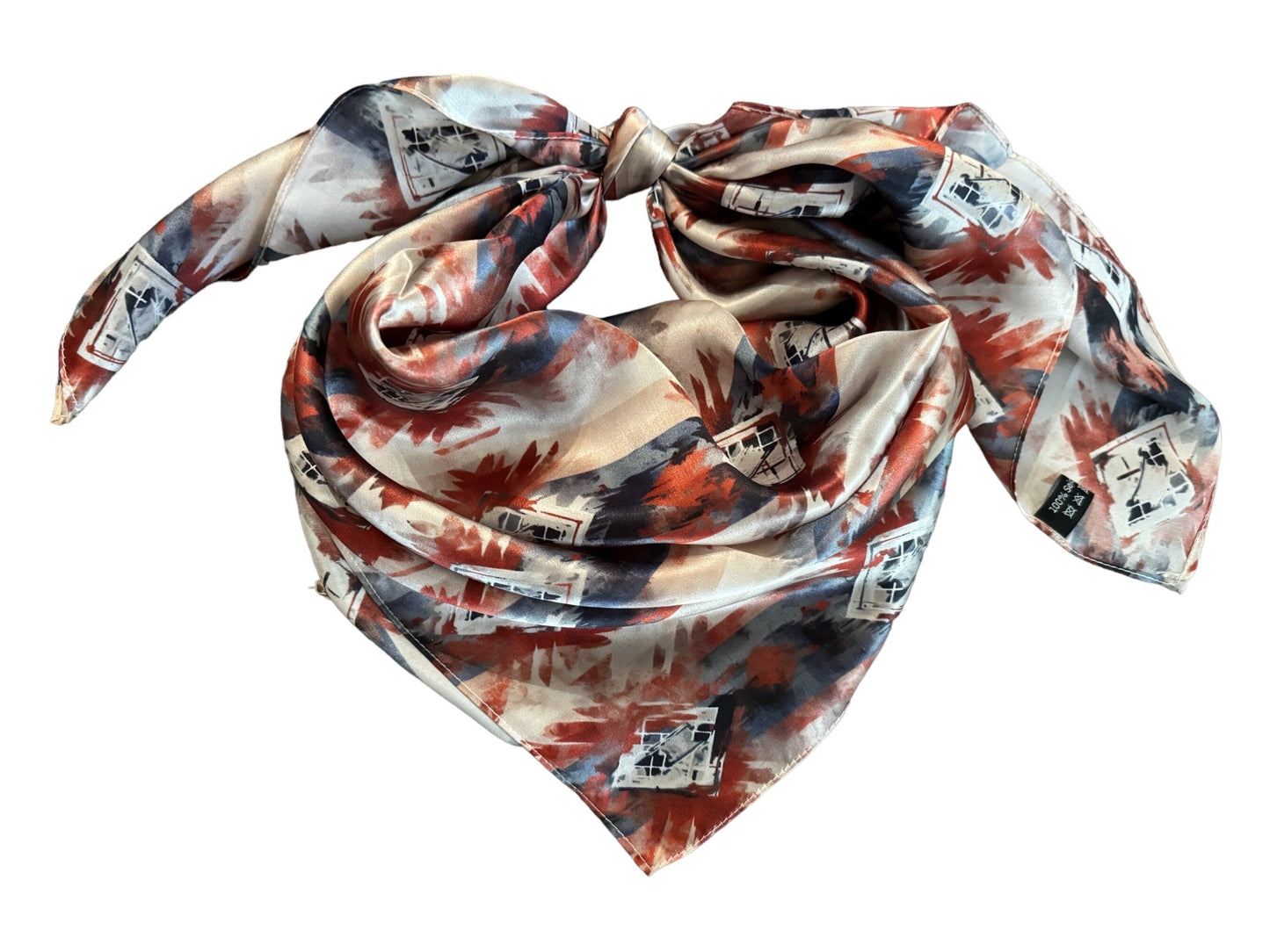 Silk Wild Rag Navy Blue Copper Ivory watercolor tribal print by Double B Wild Rags