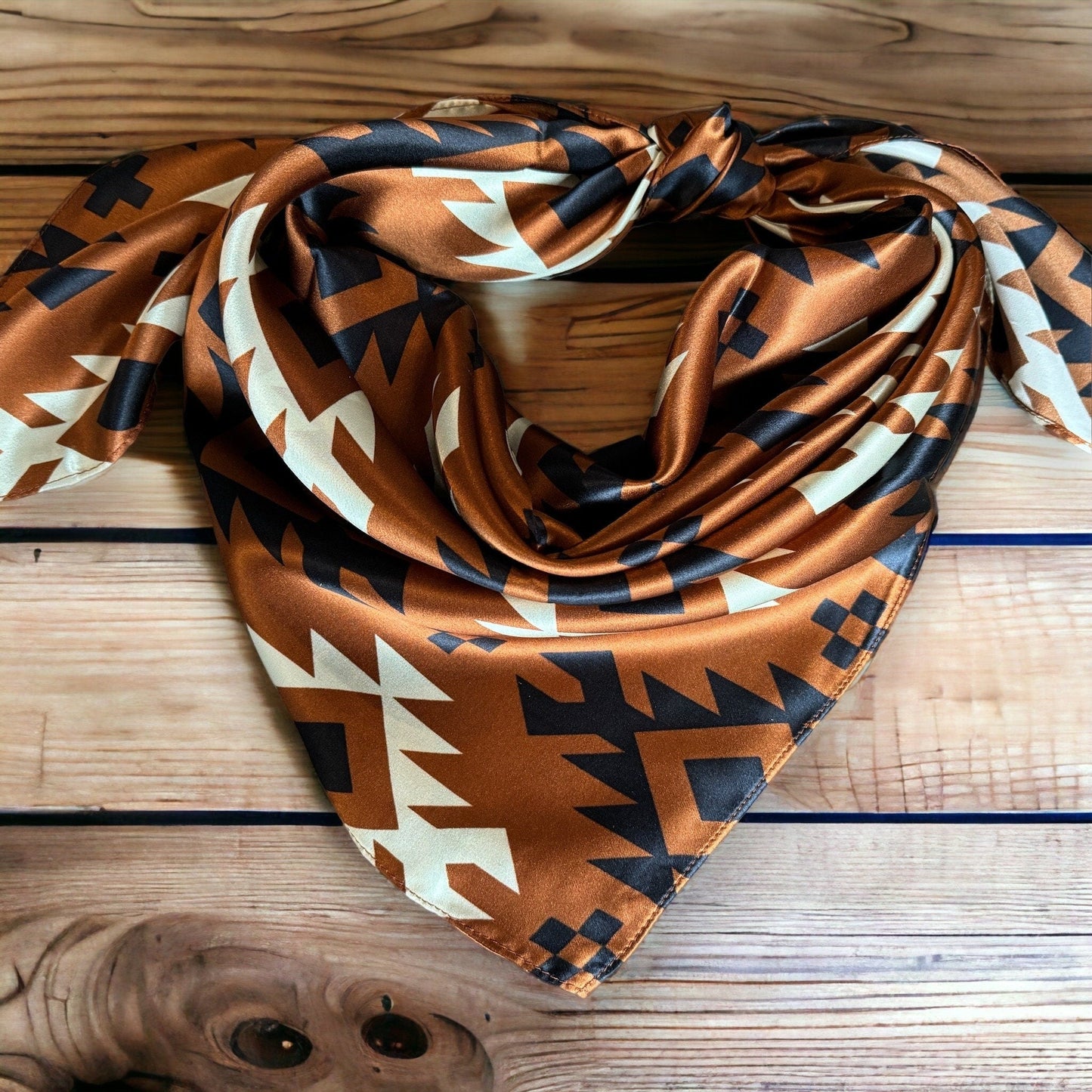 100% Silk Wild Rag Cognac Rust Brown Black Ivory Tribal Native pattern by Double B Wild Rags