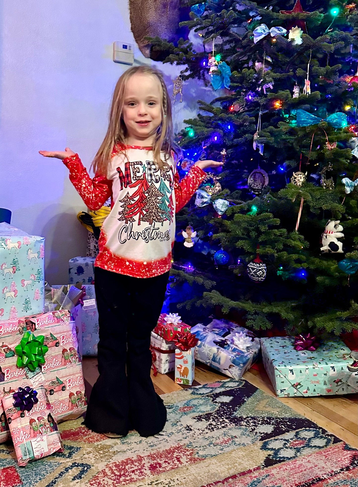 Girls' Christmas Outfit: Buffalo Plaid Bell Bottoms & Holiday Shirt