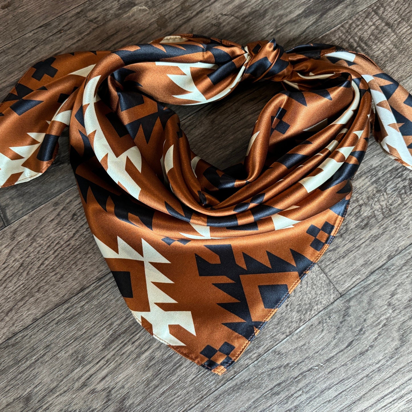 100% Silk Wild Rag Cognac Rust Brown Black Ivory Tribal Native pattern by Double B Wild Rags