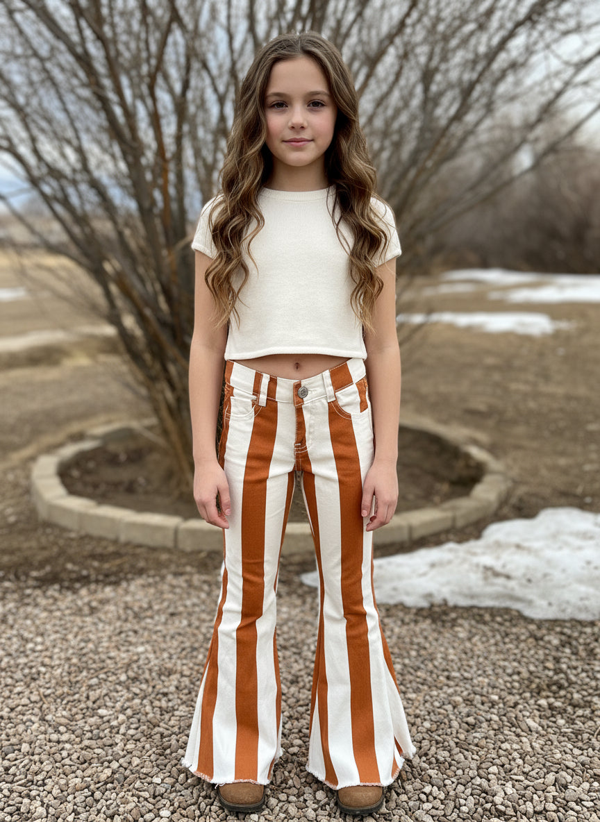 Girls' Striped Bell Bottom Jeans: Stretchy Frayed Denim