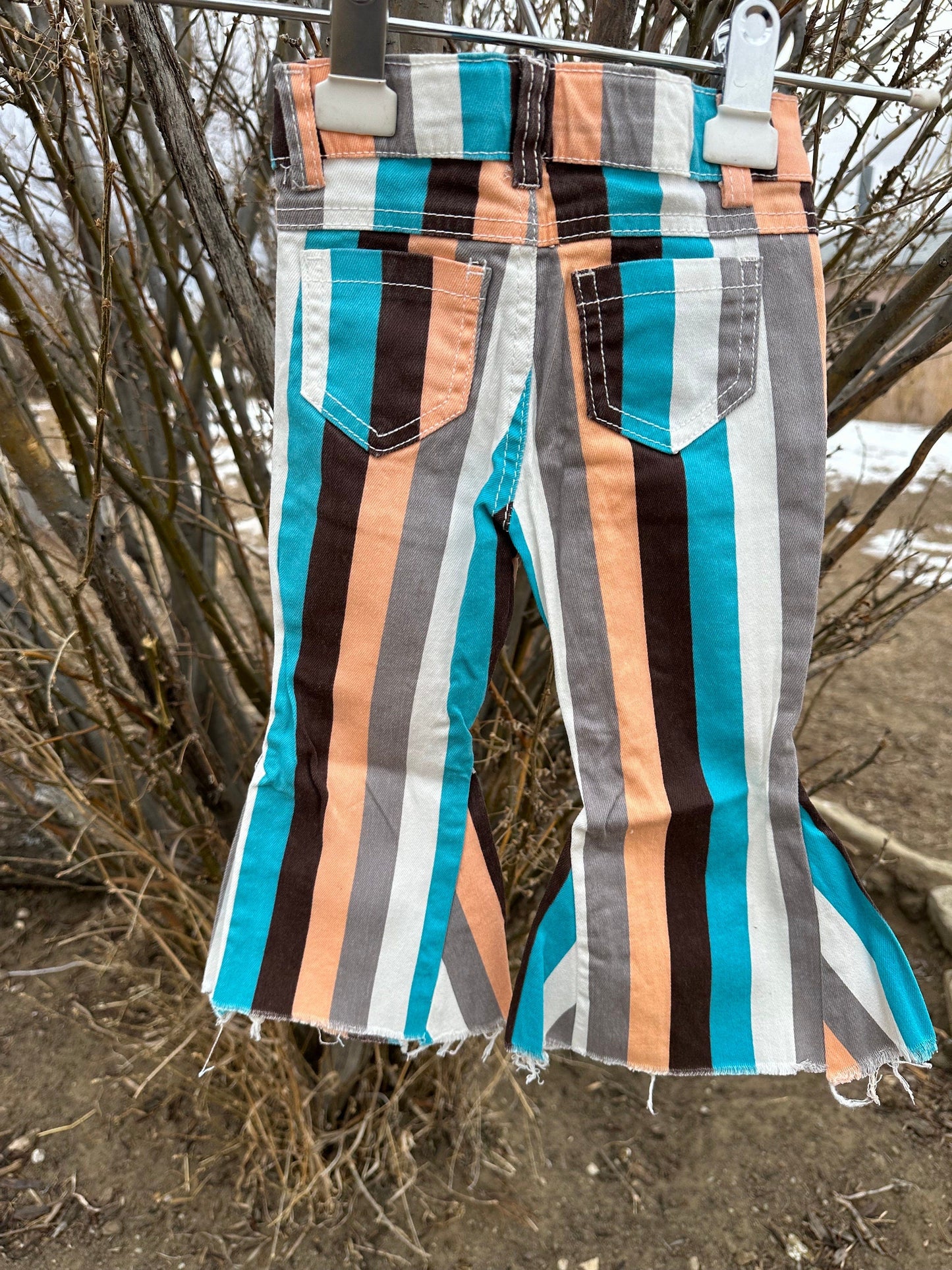 Girls' Striped Bell Bottom Jeans: Stretchy Frayed Denim