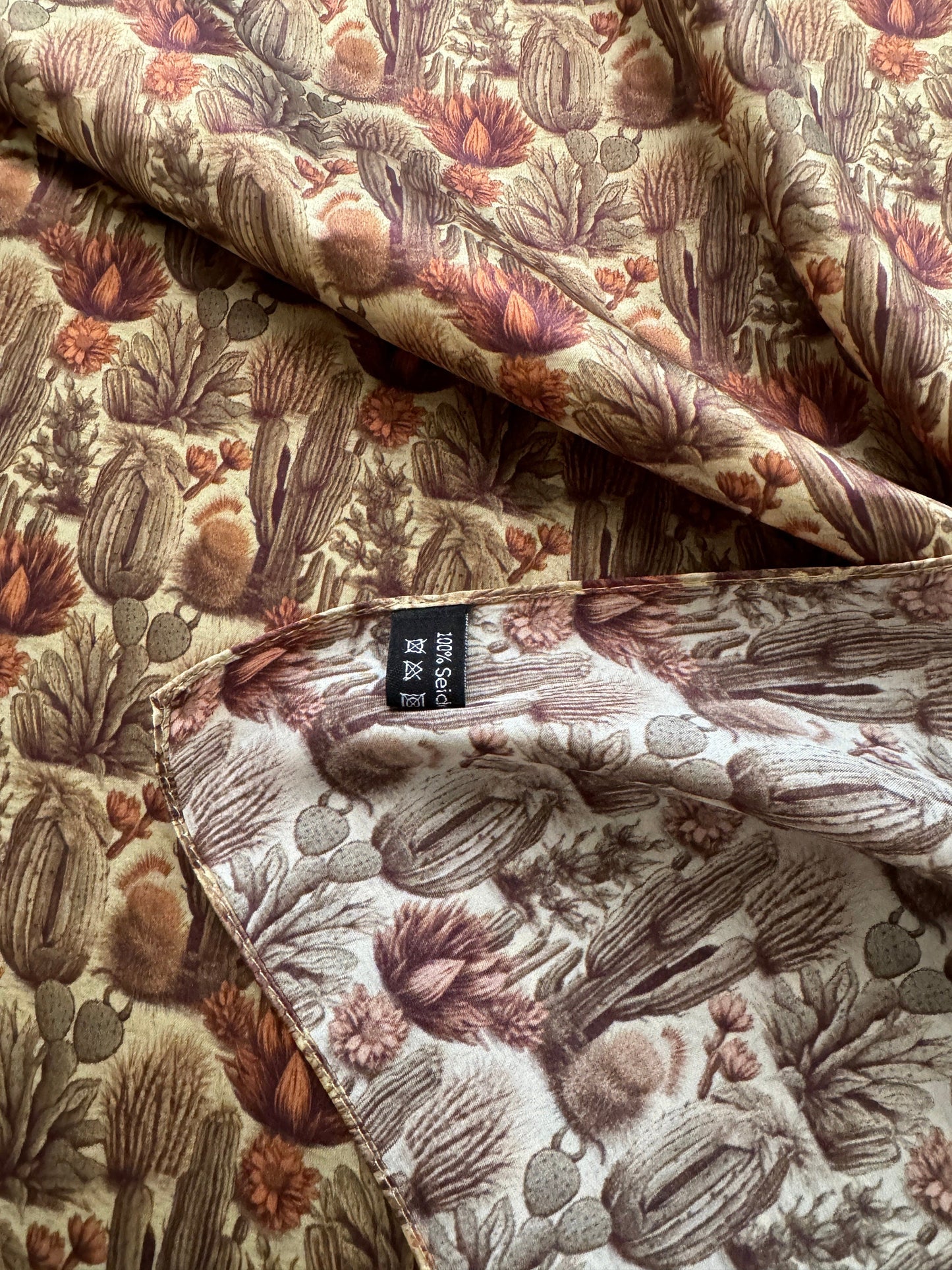 100% Silk Wild Rag Cactus Neutral tones of beige, green, rust by Double B Wild Rags