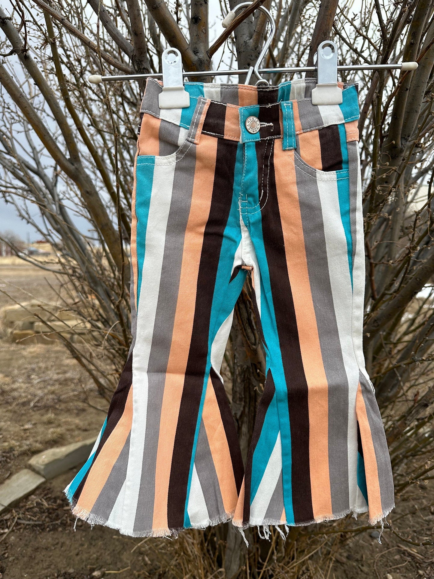 Girls' Striped Bell Bottom Jeans: Stretchy Frayed Denim