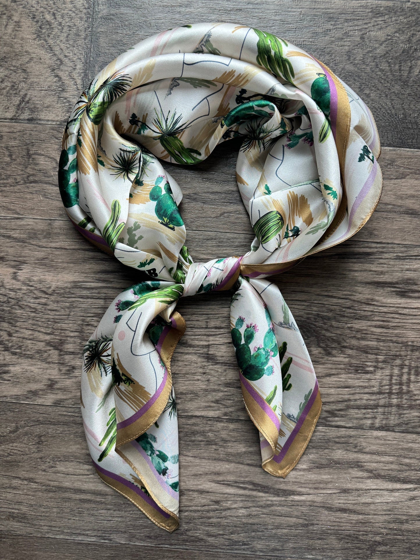 100% Silk Wild Rag Green and Gold Vintage Desert cactus  by Double B Wild Rags