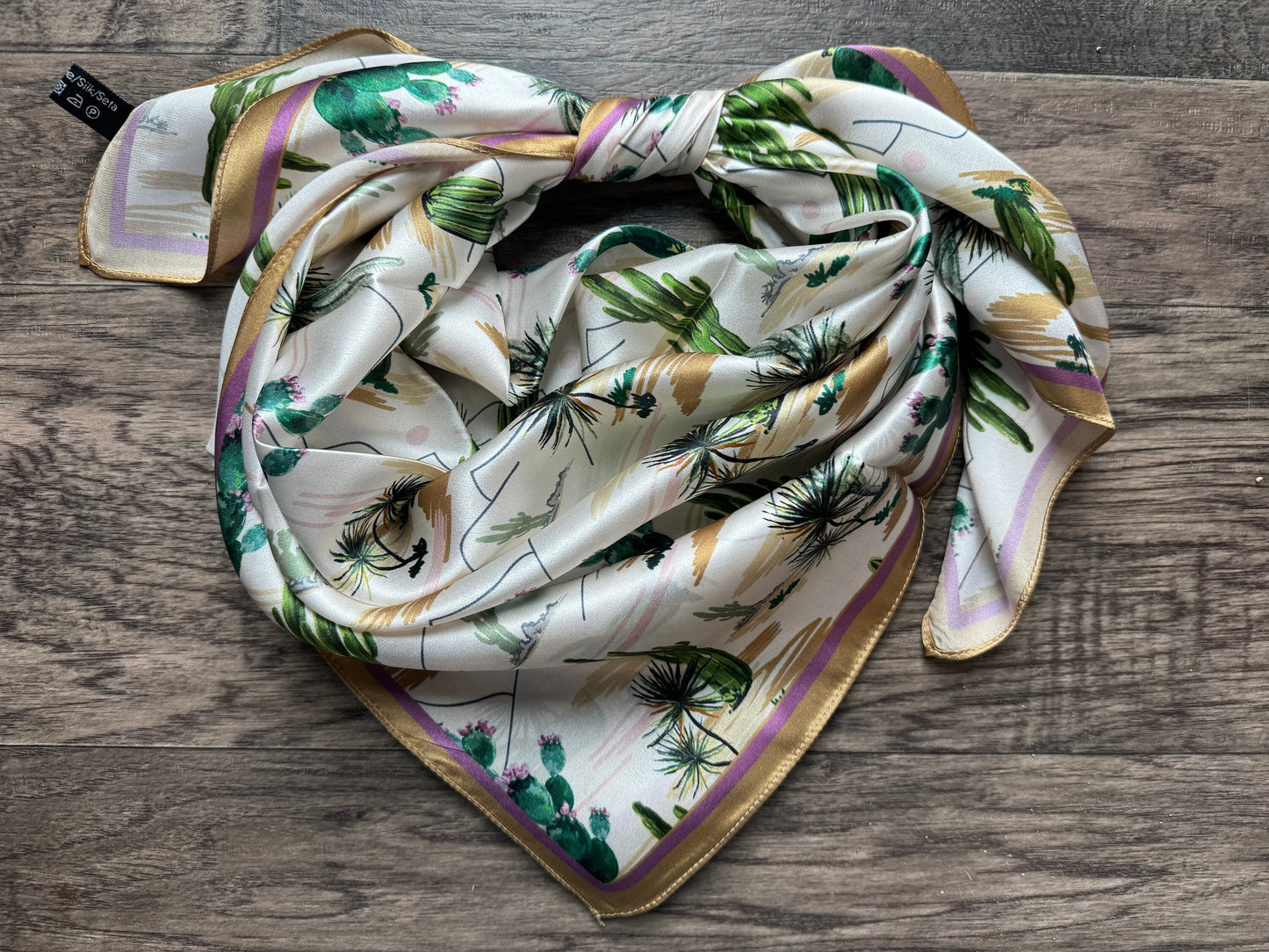 100% Silk Wild Rag Green and Gold Vintage Desert cactus  by Double B Wild Rags