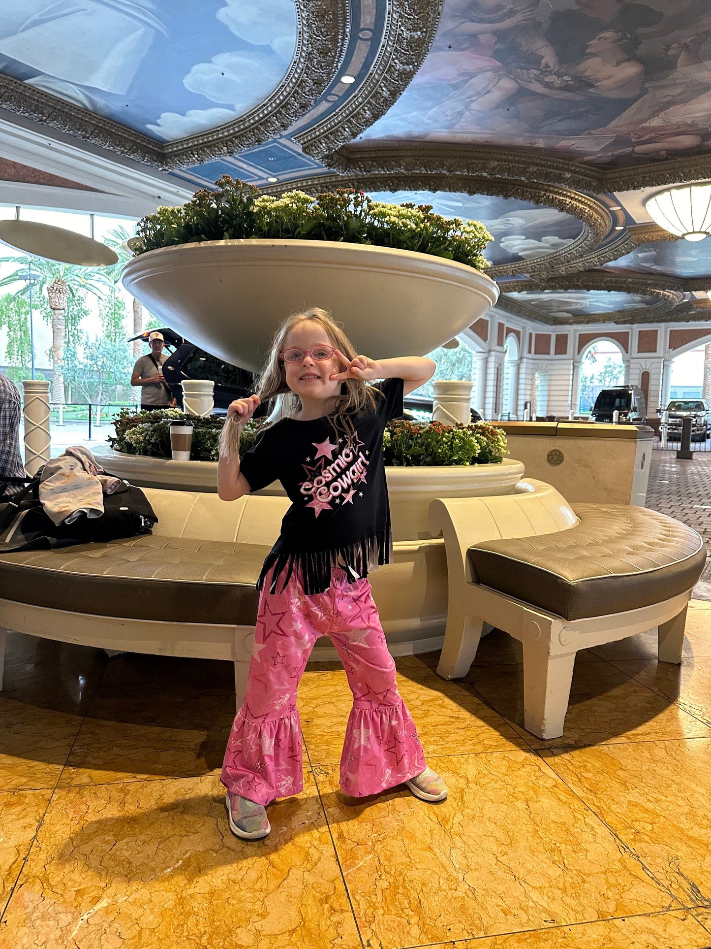 Cosmic Cowgirl Outfit: Pink Star Bell Bottoms, Black Fringe T-Shirt