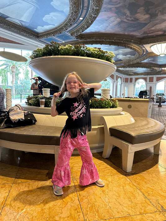 Cosmic Cowgirl Outfit: Pink Star Bell Bottoms, Black Fringe T-Shirt