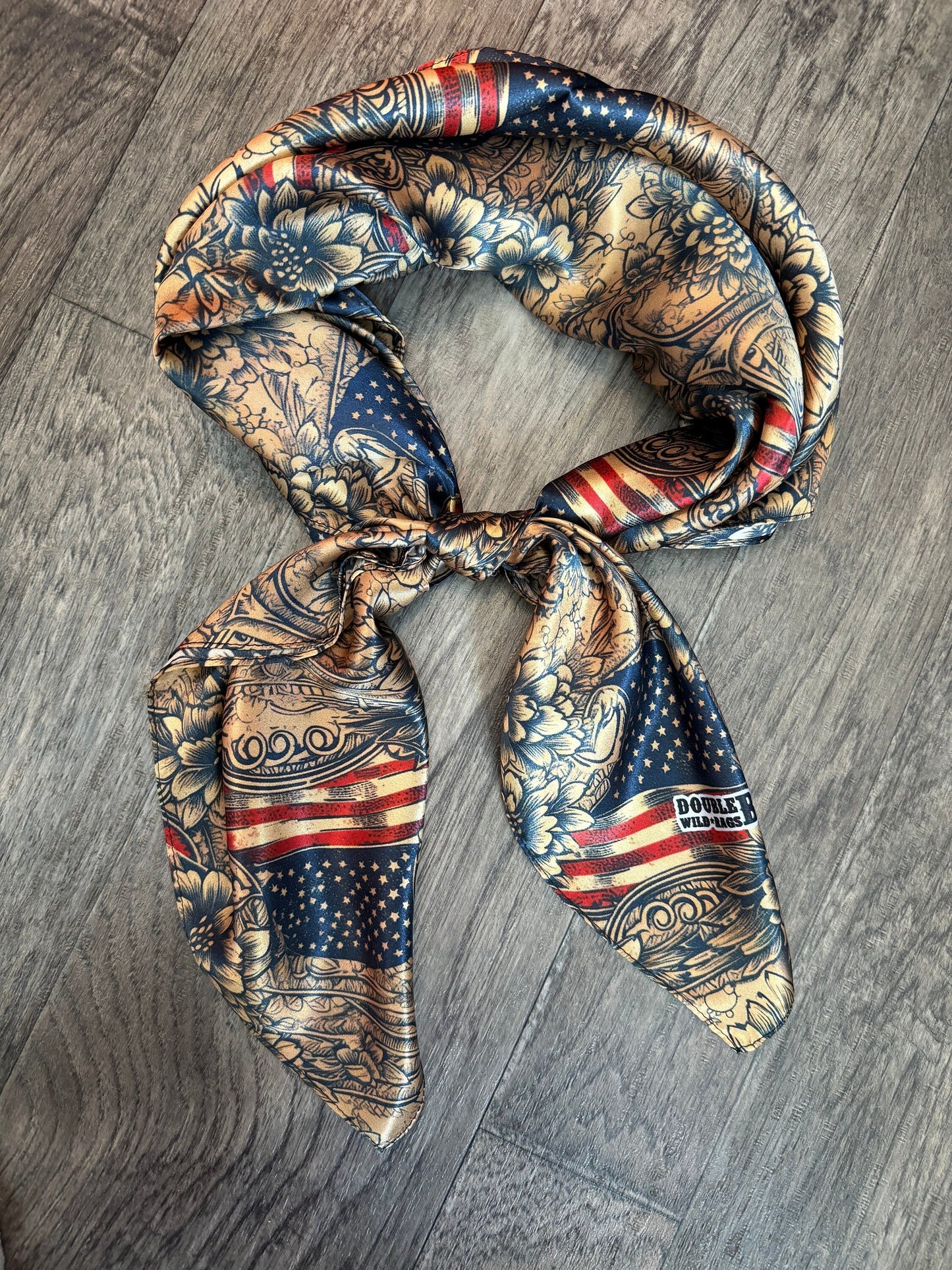 Wild Rag 100% Silk Patriotic Vintage Floral with American Flag Cowboy Western Neck Scarf Bandanna by Double B Wild Rags