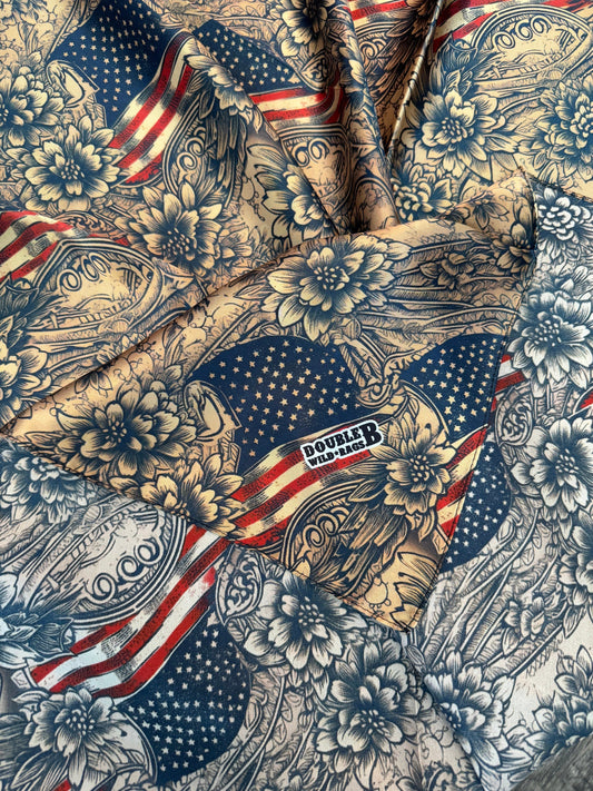 Wild Rag 100% Silk Patriotic Vintage Floral with American Flag Cowboy Western Neck Scarf Bandanna by Double B Wild Rags
