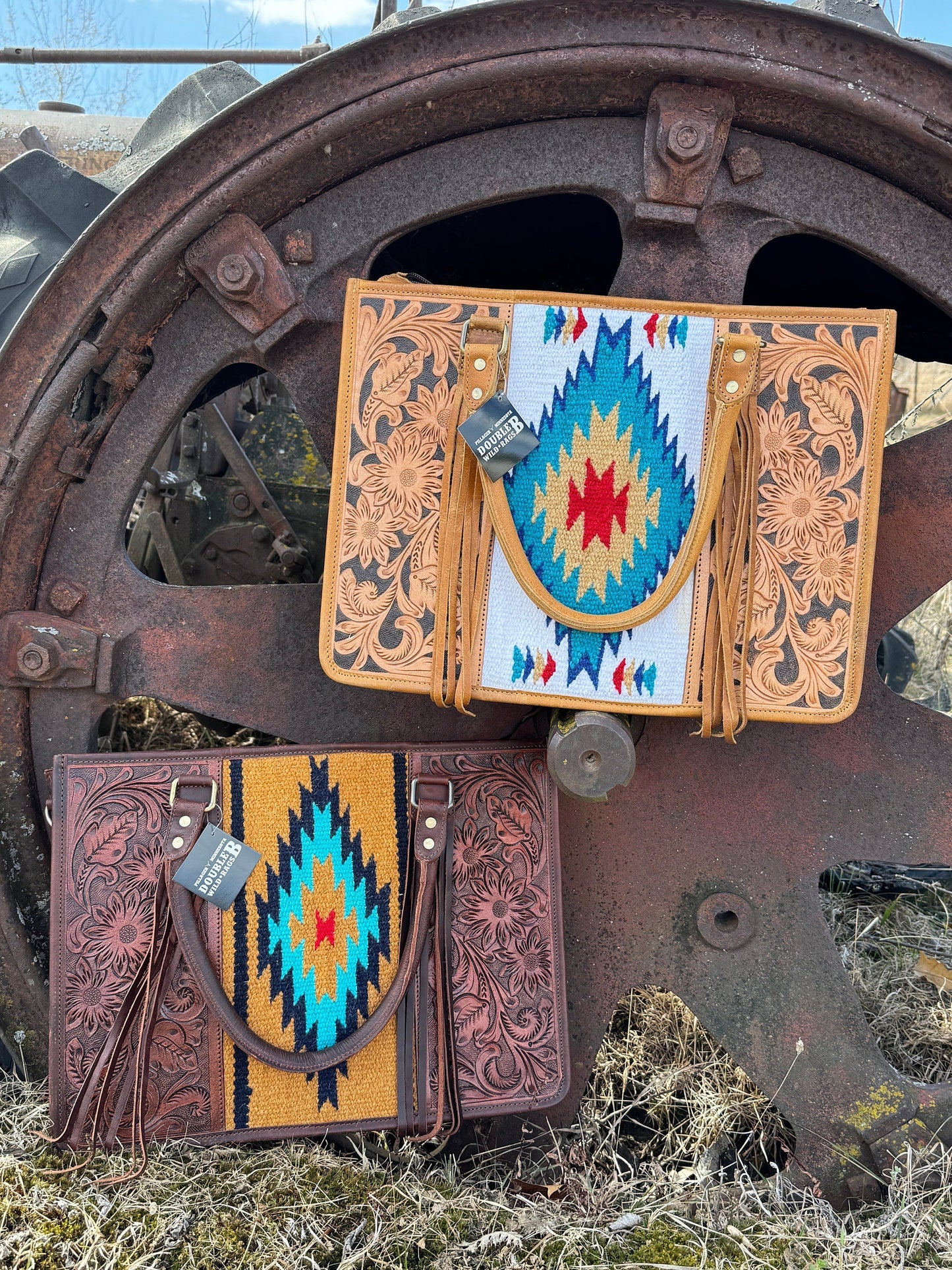 Western Conceal and Carry Dark Saddle Blanket Floral Tooled Mahogany Brown Leather briefcase laptop shoulder handbag Double B Wild Rags