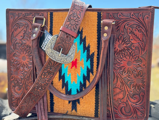 Western Conceal and Carry Dark Saddle Blanket Floral Tooled Mahogany Brown Leather briefcase laptop shoulder handbag Double B Wild Rags