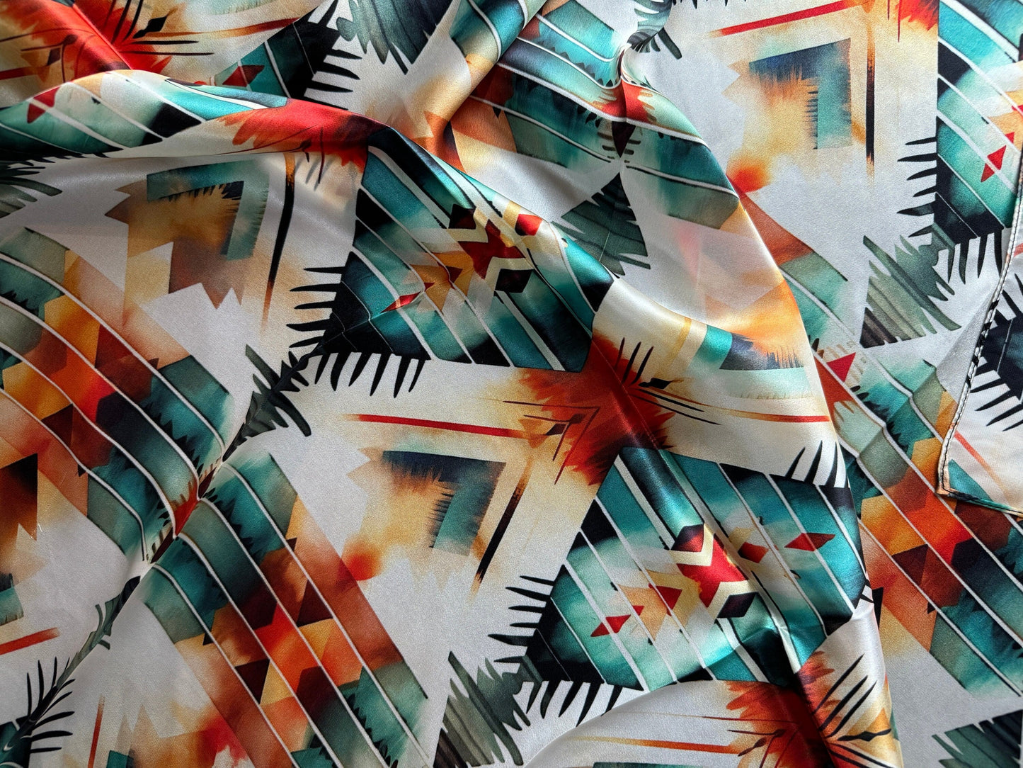 100% Silk Wild Rag Aztec Native Orange Teal and White by Double B Wild Rags