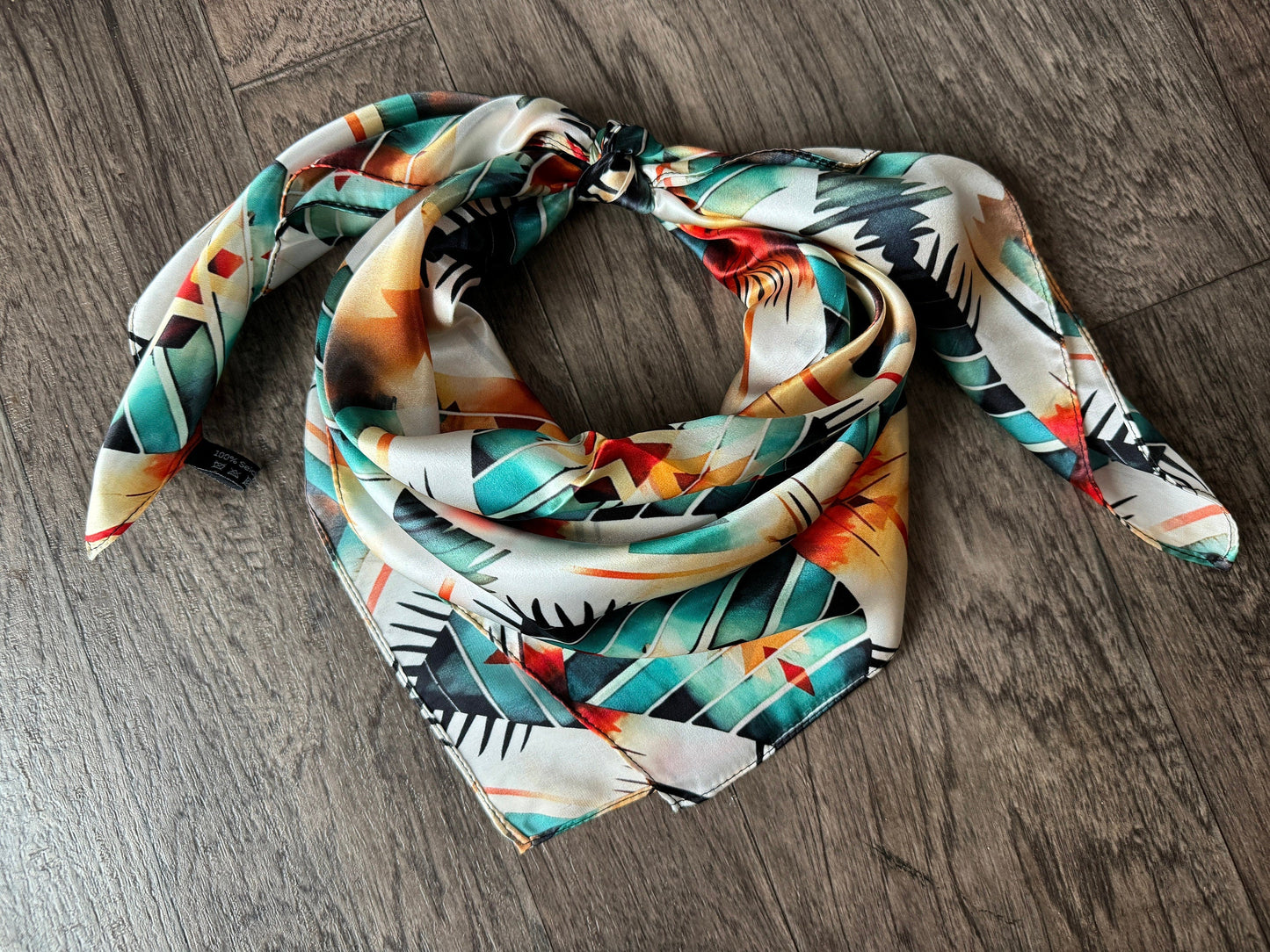 100% Silk Wild Rag Aztec Native Orange Teal and White by Double B Wild Rags