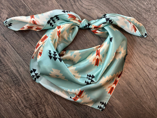 100% Silk Wild Rag Aztec Native Light blue and ivory by Double B Wild Rags