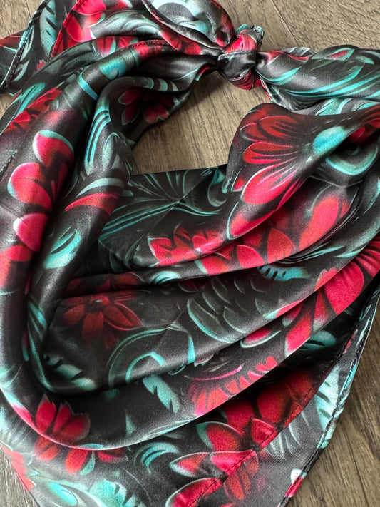 100% Silk Wild Rag Cranberry Red and Teal 3D Floral print by Double B Wild Rags