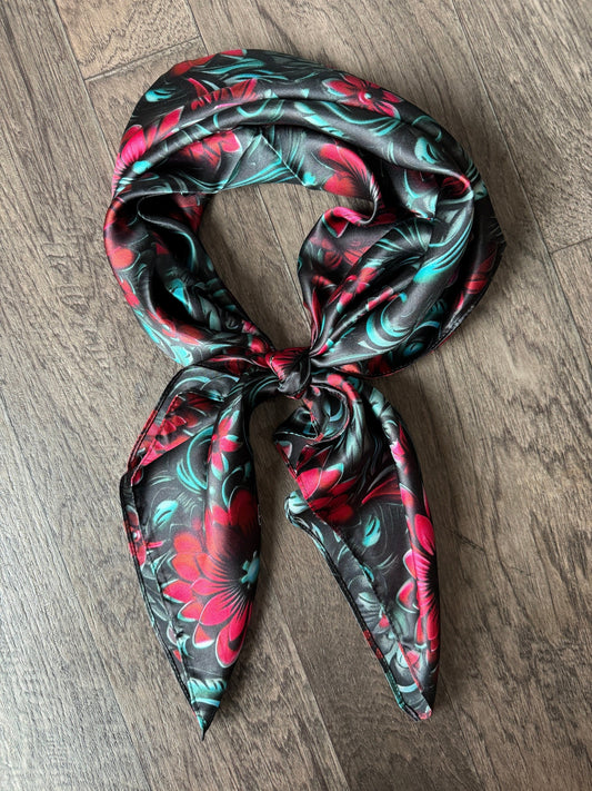 100% Silk Wild Rag Cranberry Red and Teal 3D Floral print by Double B Wild Rags